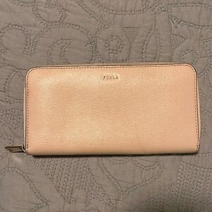 Furla Pale Pink Saffiano Leather Long Zipper Wallet